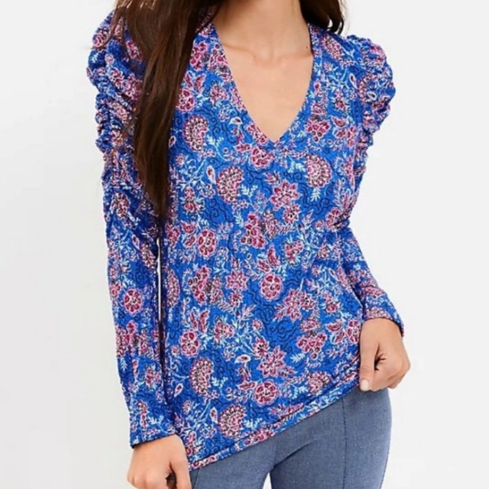 LOFT Floral Pink Blue Puff Sleeve Vneck Knit Stretch Top Boho Garden Size Small